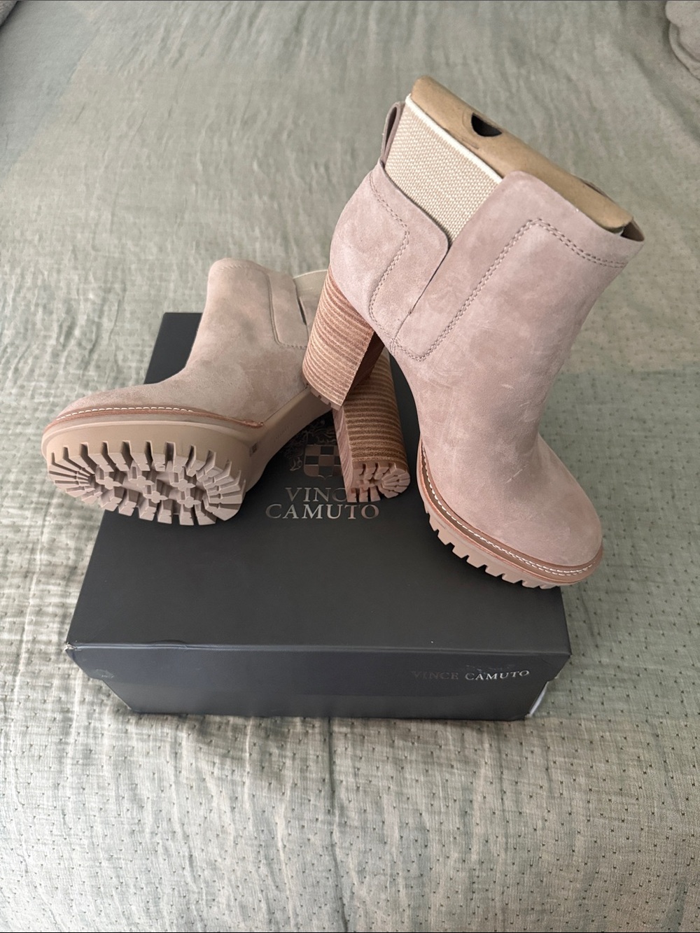 Vince Camuto Truffle Taupe Suede Chunky Heel Ankle Boots